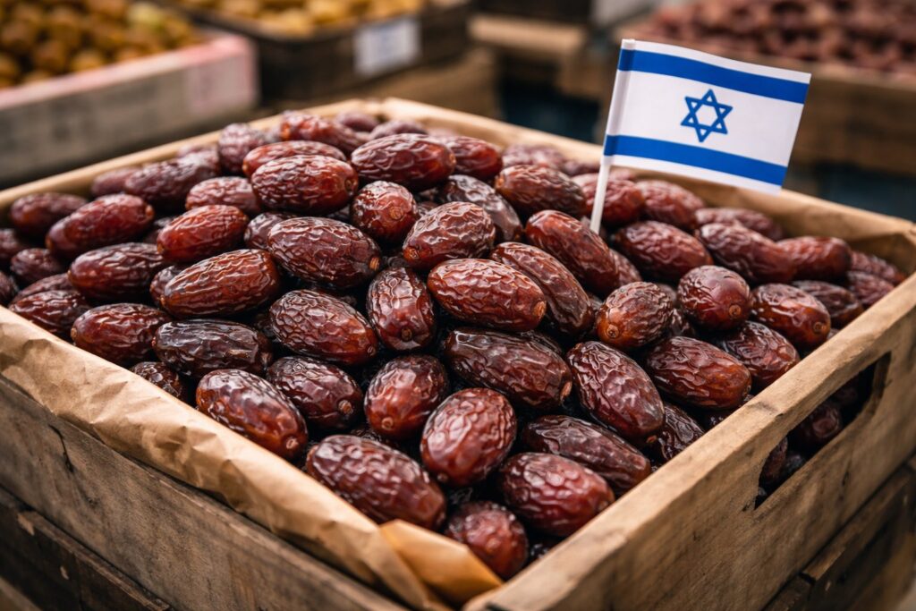 Caixa de dàtils amb una bandera d'Israel en un mercat: els productes dels assentaments israelians, ara prohibits a Europa