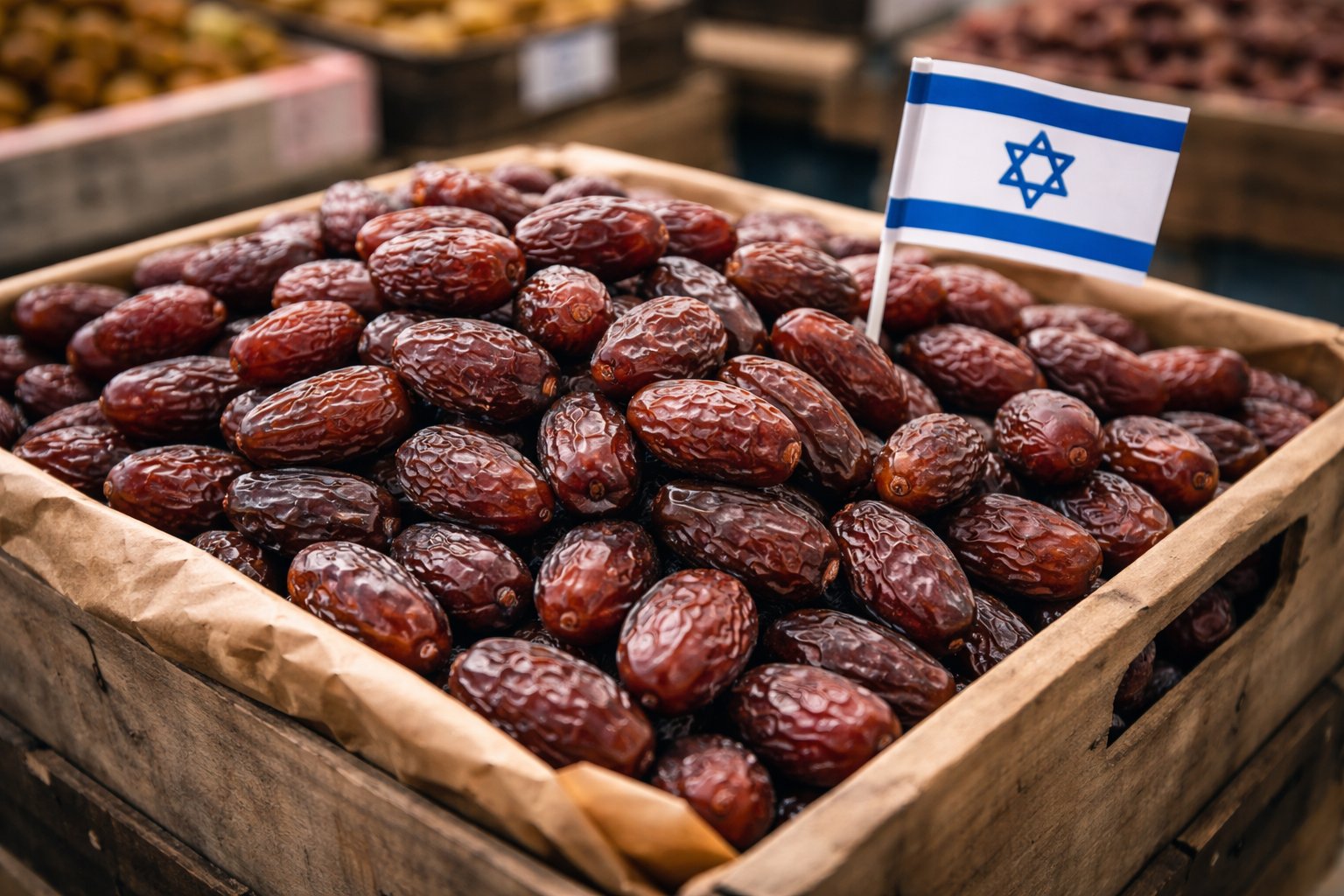 Caixa de dàtils amb una bandera d'Israel en un mercat: els productes dels assentaments israelians, ara prohibits a Europa